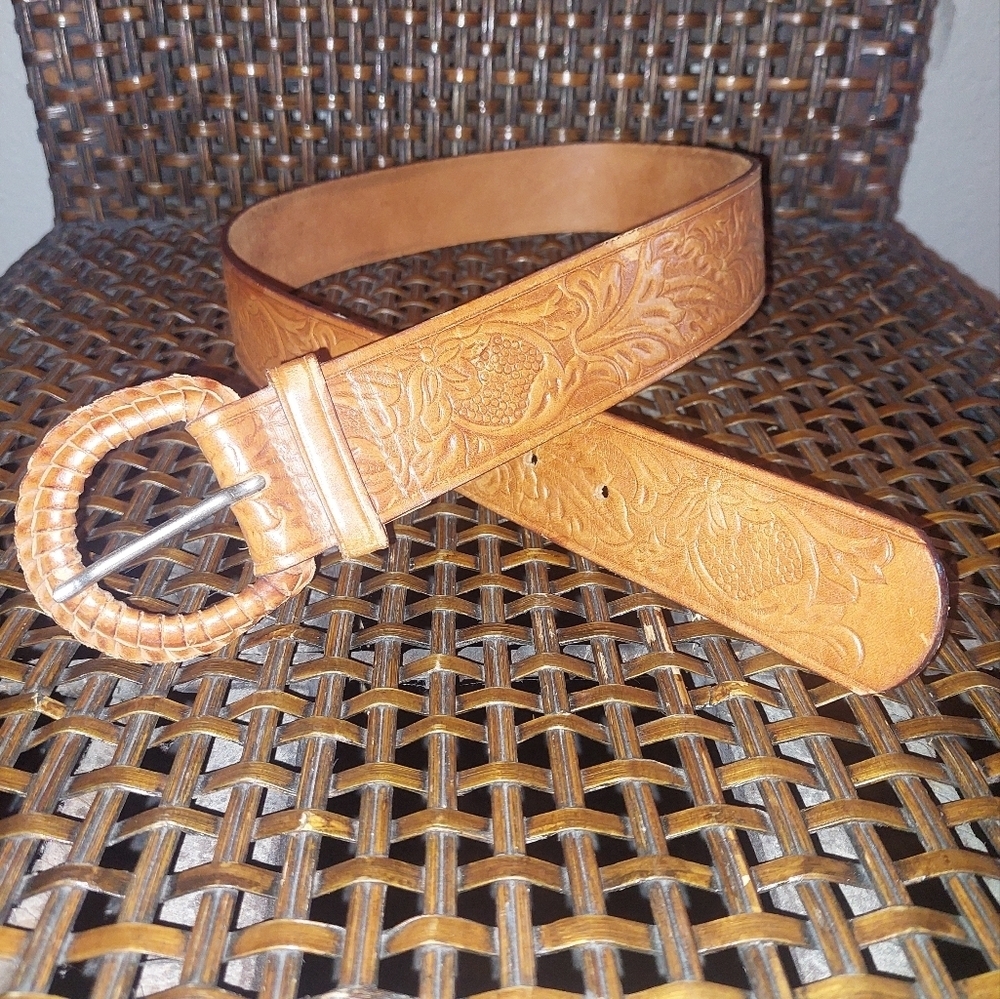 Vintage Brown Women Belt Western Dress Hand Tooled Real Leather Buckle Small